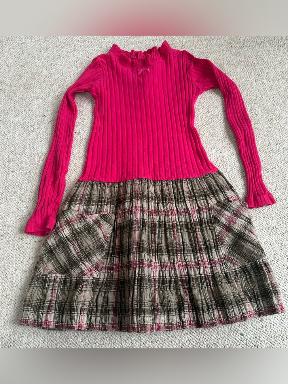 Lili Gaufrette Girls' Hot Pink Ribbed Top & Plaid Skirt Dress Size 10